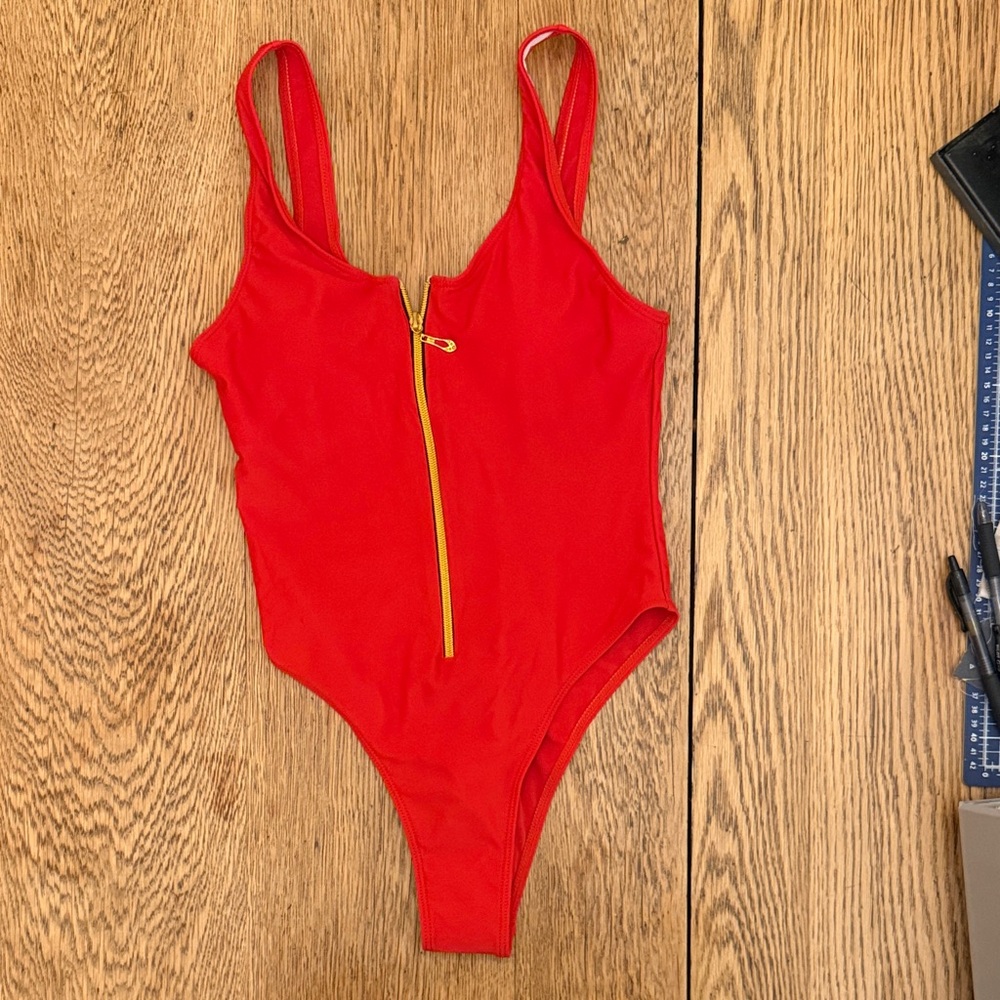 SHEIN Red One Piece Swimsuit with Gold Zipper